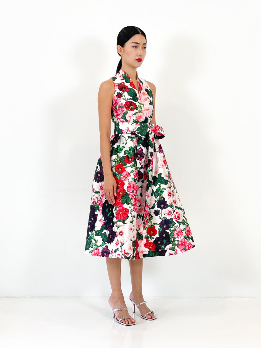 High Collar Flare Midi Dress  | Red Floral