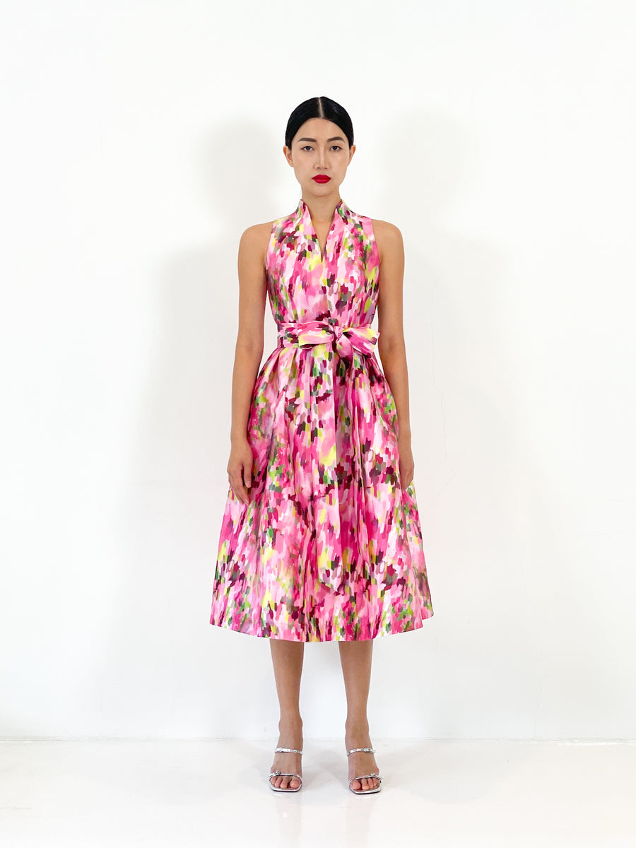 High Collar Flare Midi Dress  | Pink Abstract