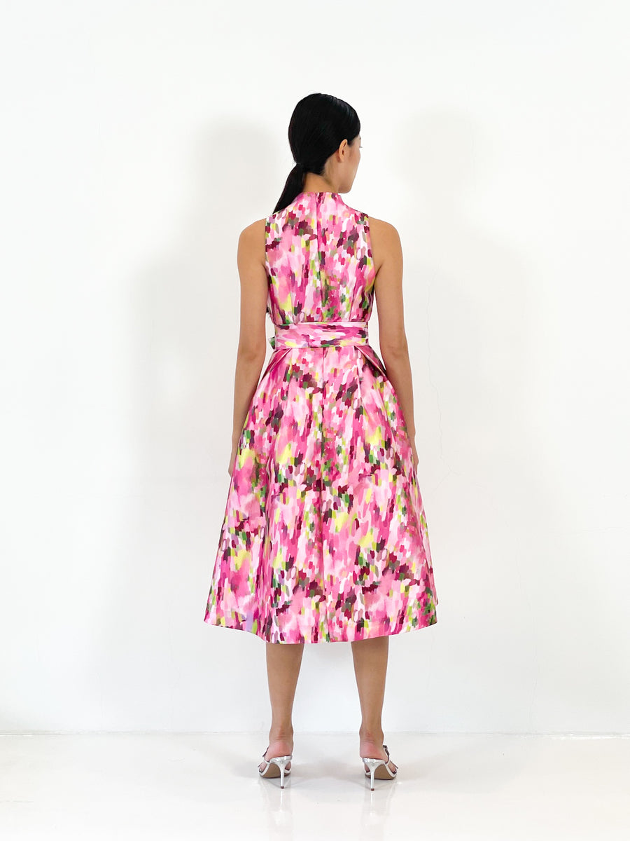 High Collar Flare Midi Dress  | Pink Abstract