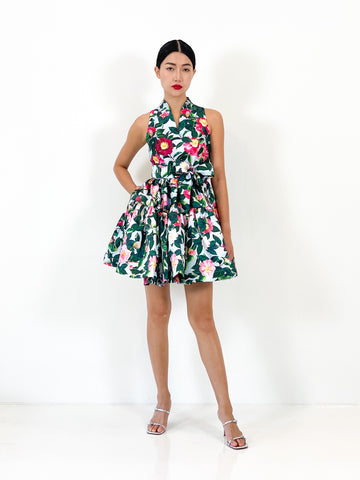High Collar Flare Mini Dress  | Green Floral