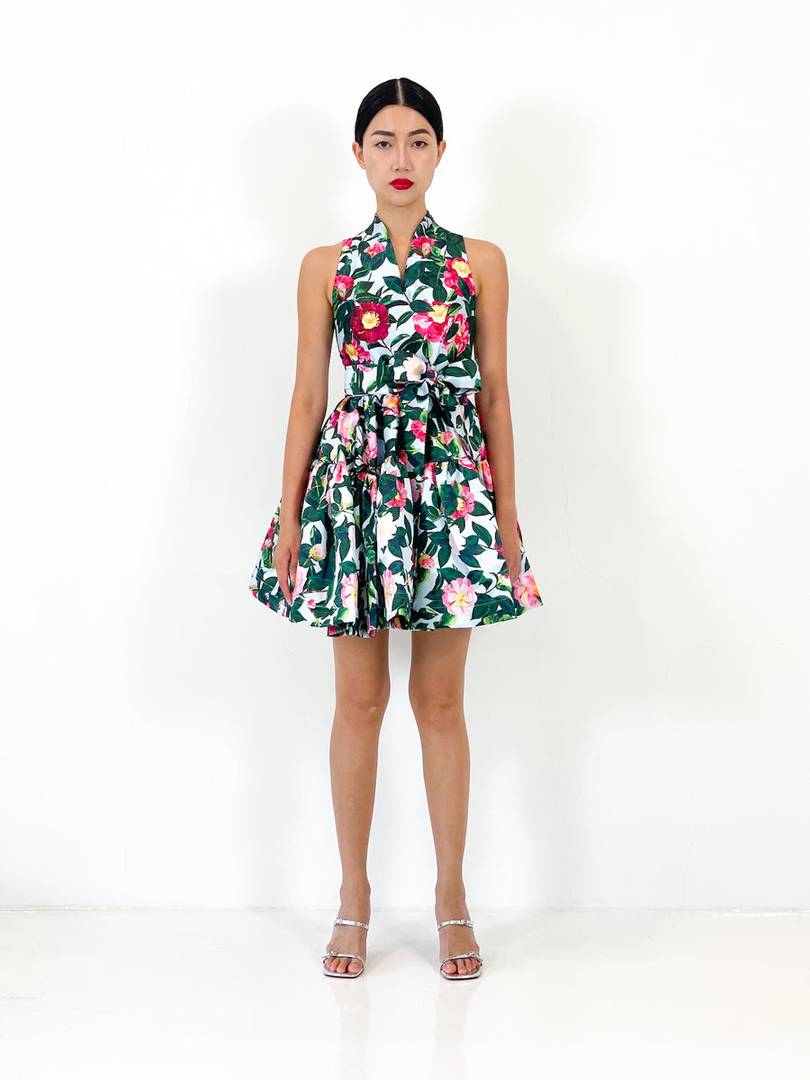 High Collar Flare Mini Dress  | Green Floral