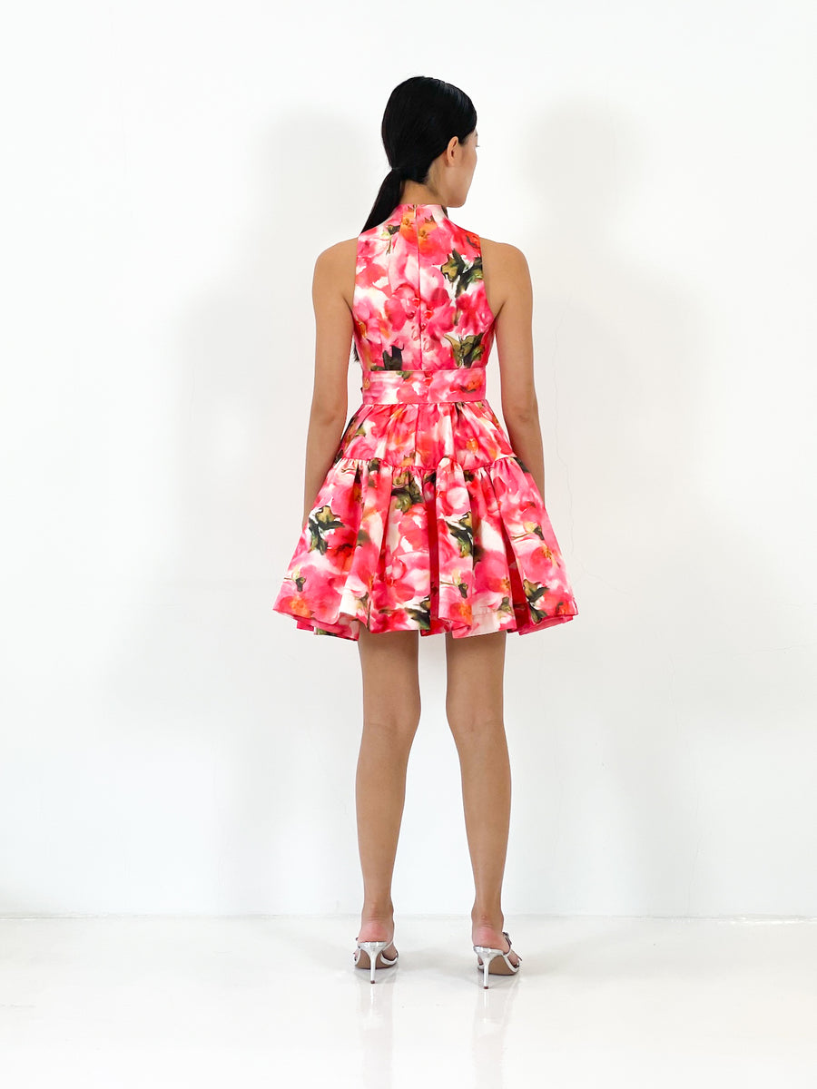 High Collar Flare Mini Dress  | Peach Floral