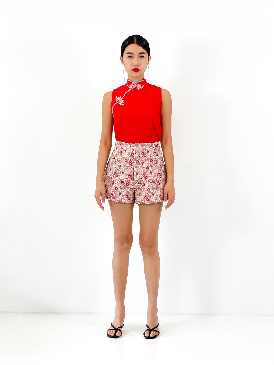 Contrast Sleeveless Button Qipao Top | Red