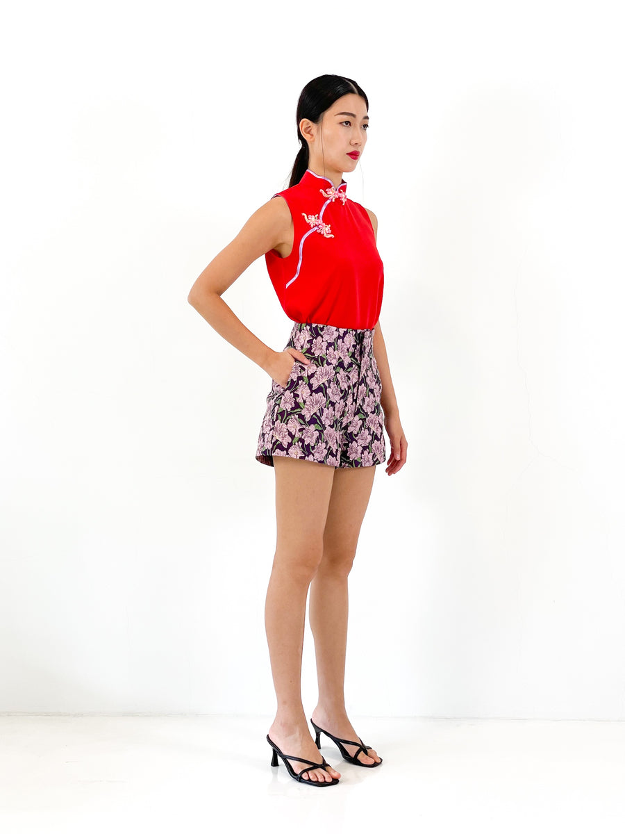Brocade High Waisted Flare Shorts | Purple Floral