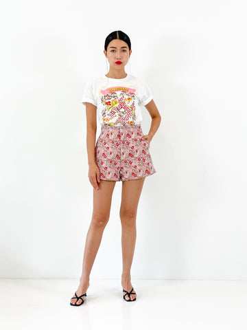 Brocade High Waisted Flare Shorts | Red Floral