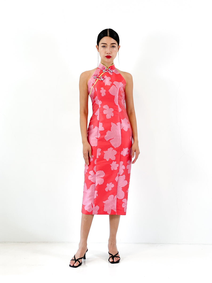 Brocade Racer Button Midi Qipao | Red Pink