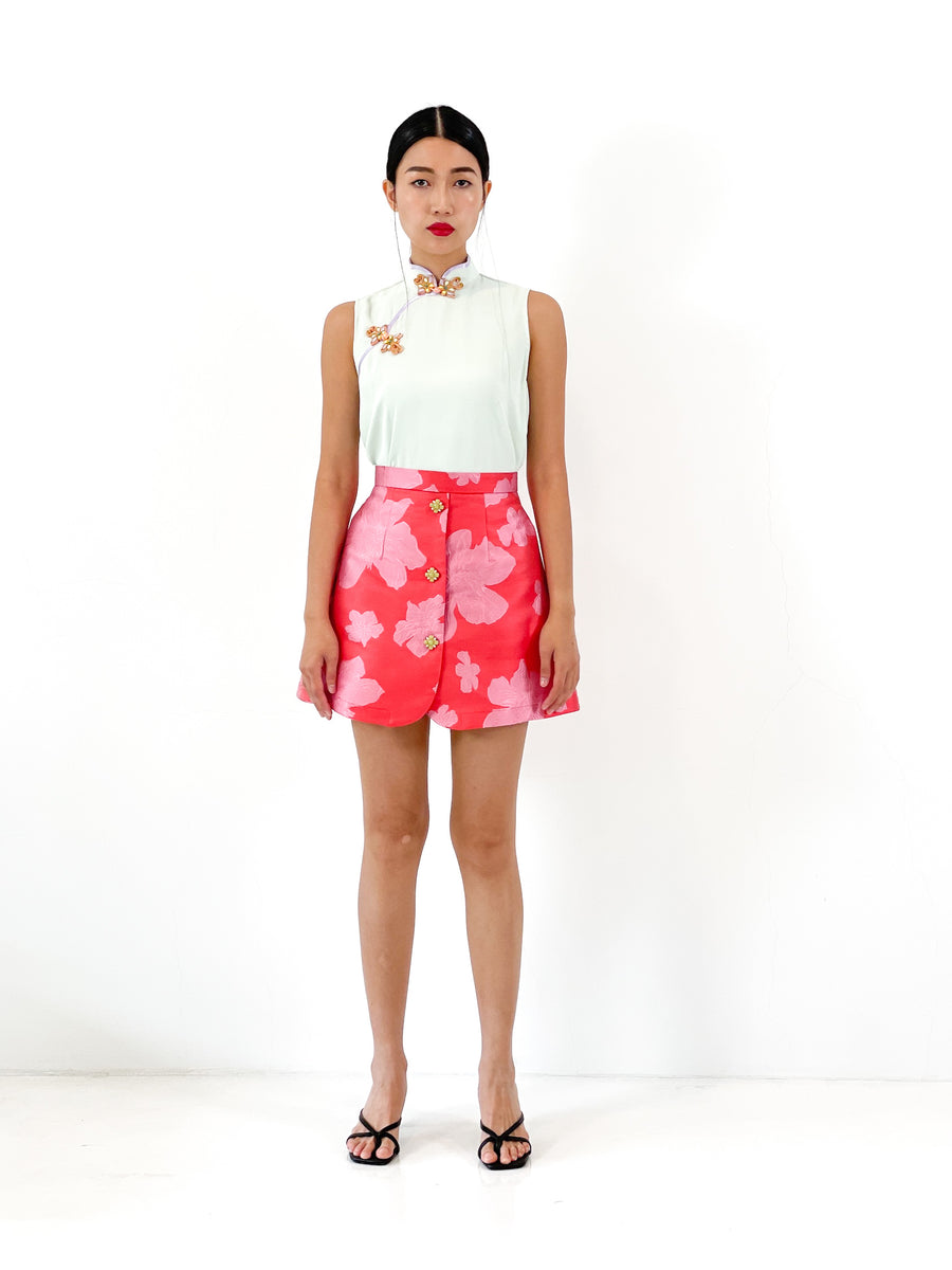 Brocade Button Mini Skirt | Red Pink