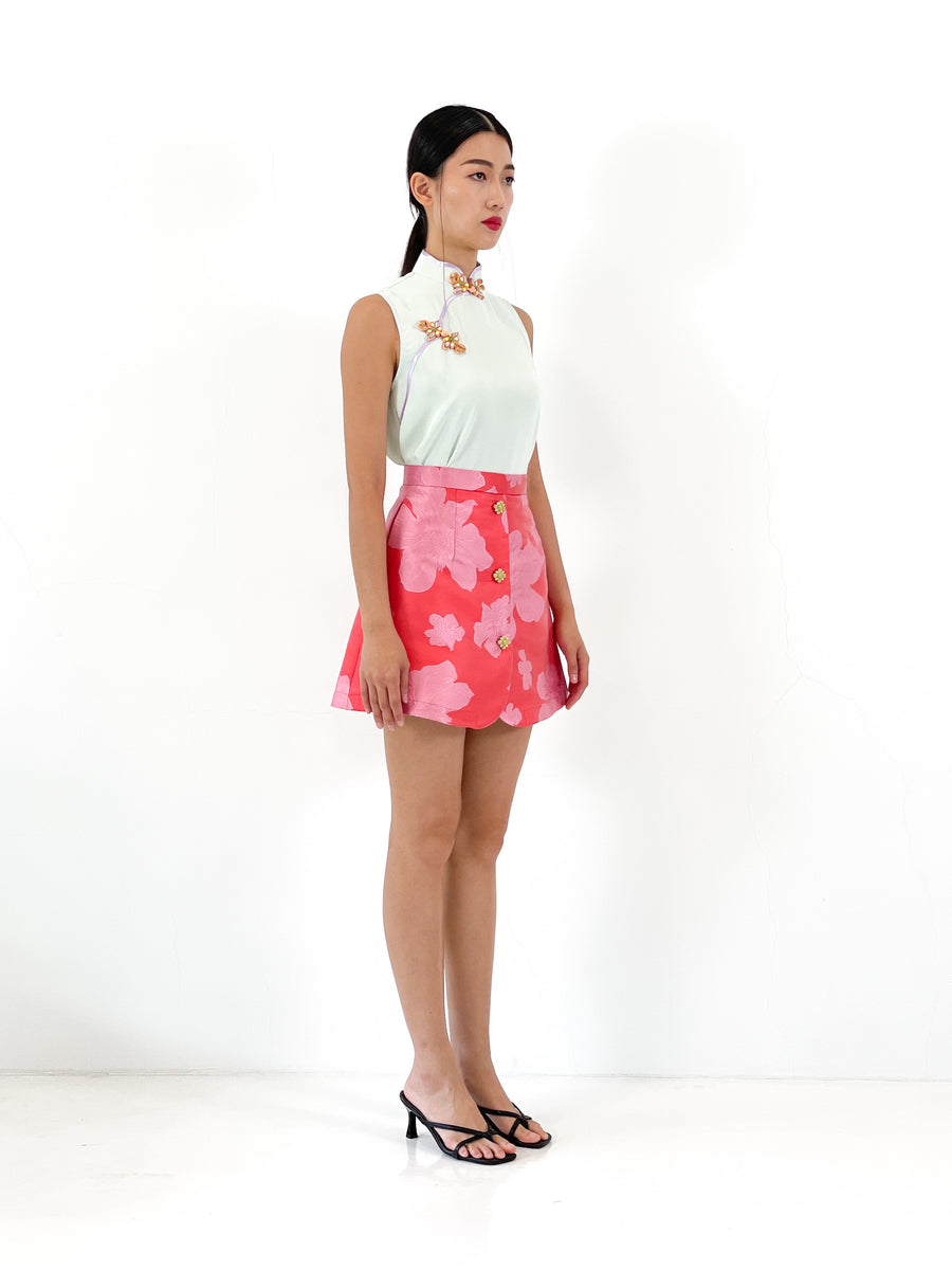 Brocade Button Mini Skirt | Red Pink