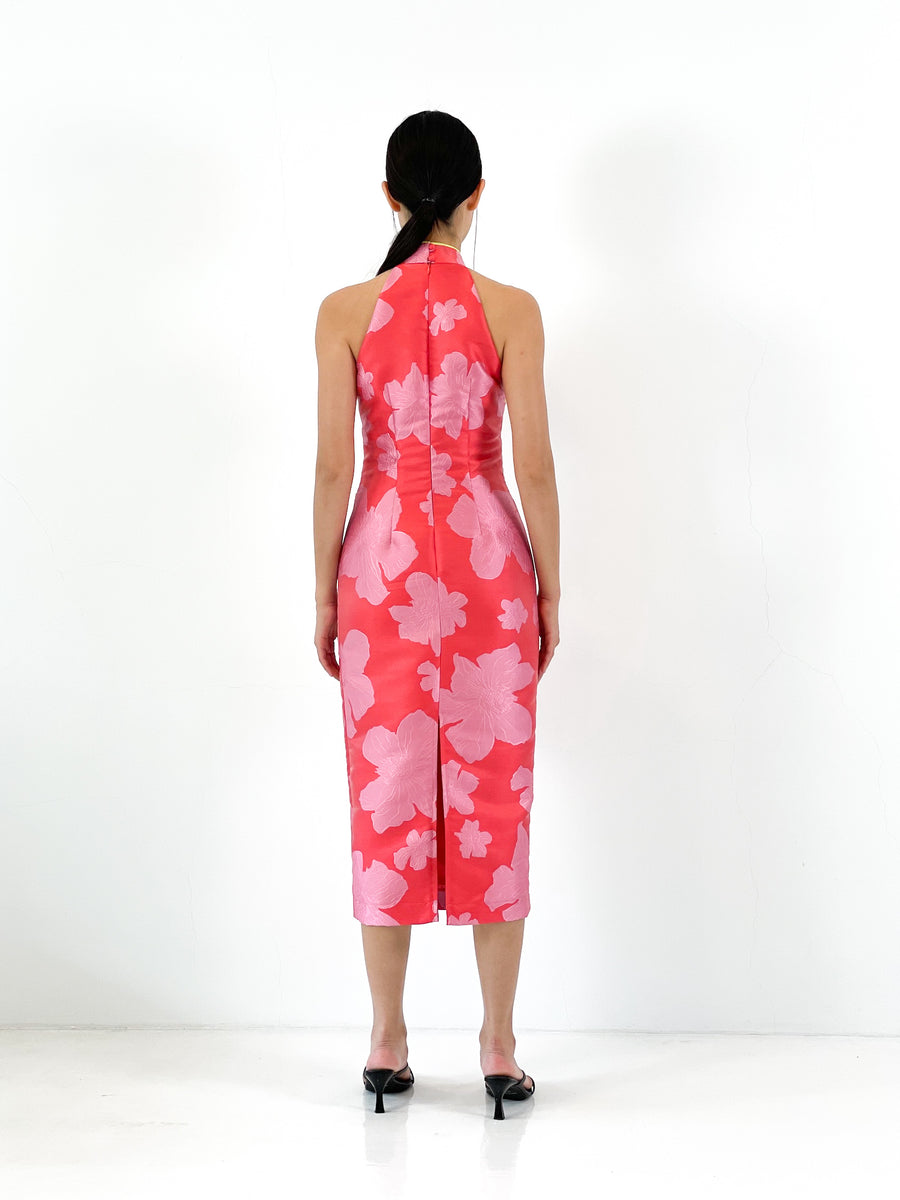 Brocade Racer Button Midi Qipao | Red Pink