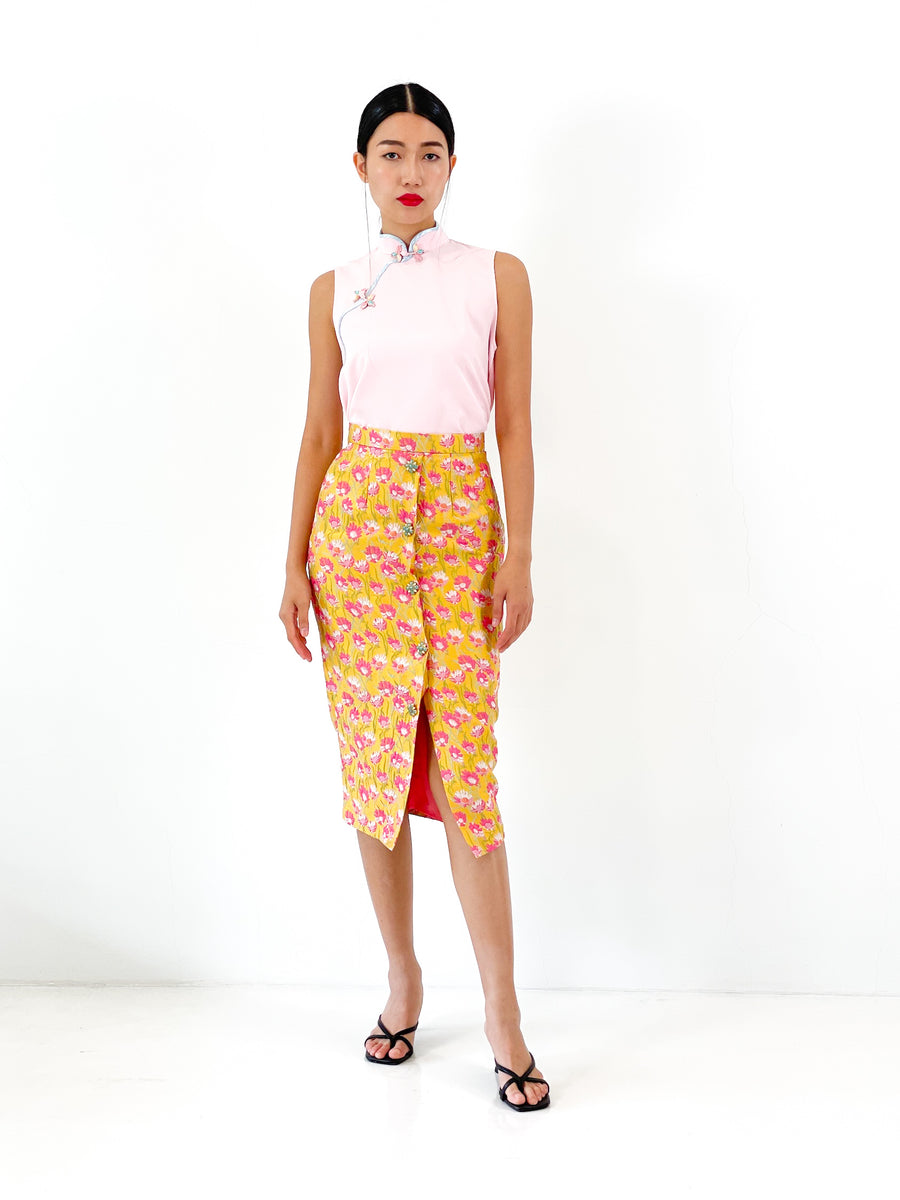 Brocade Button Midi Skirt | Yellow Floral