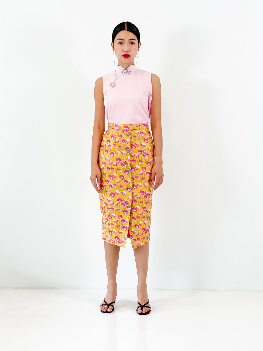 Brocade Button Midi Skirt | Yellow Floral