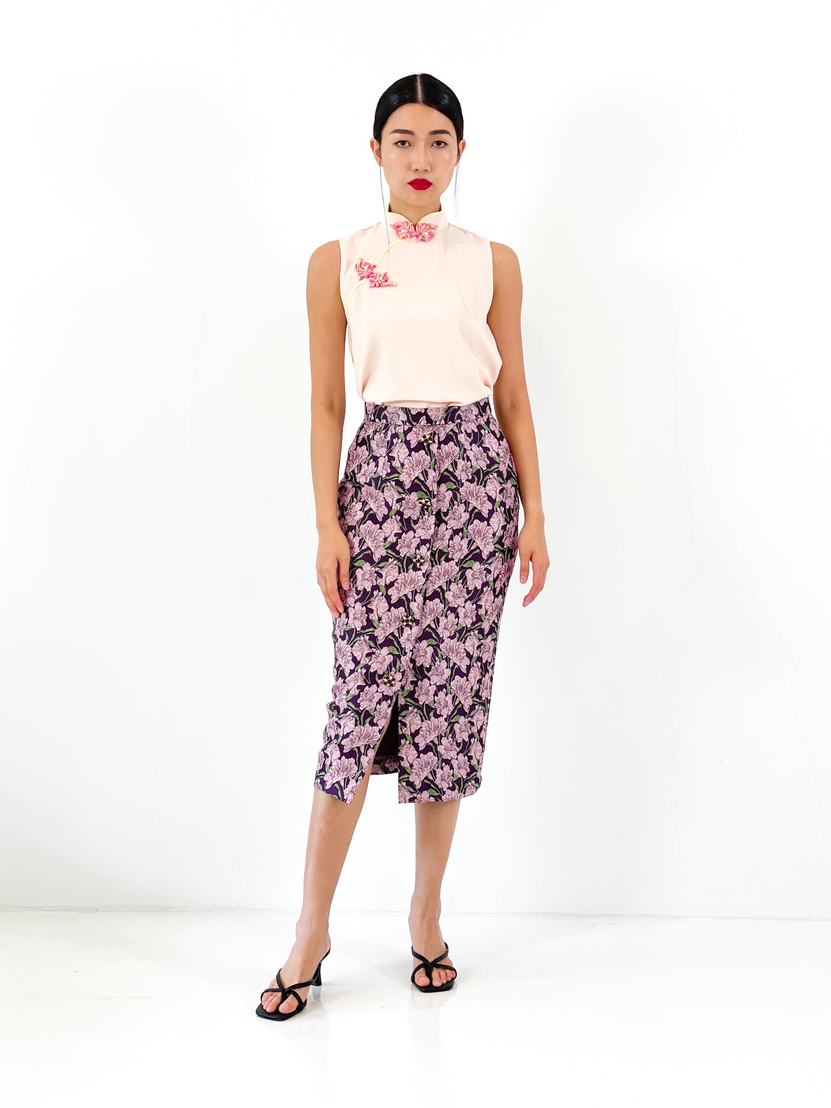 Brocade Button Midi Skirt | Purple Floral – Maarimaia