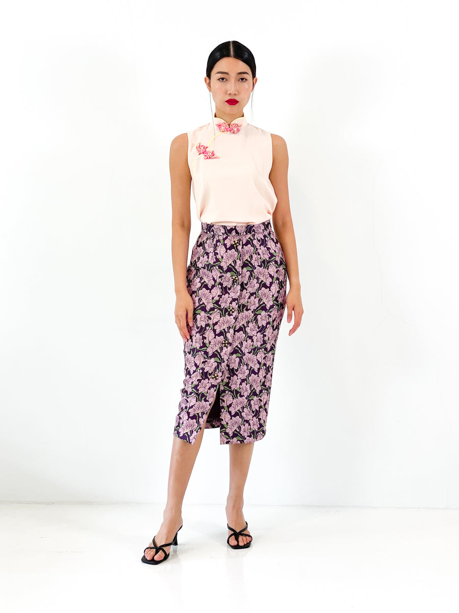 Brocade Button Midi Skirt | Purple Floral