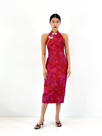 Brocade Racer Button Midi Qipao | Red Floral