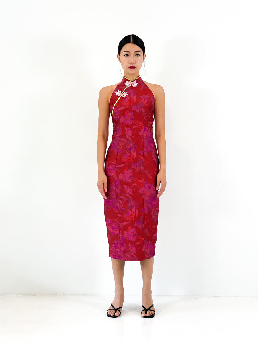 Brocade Racer Button Midi Qipao | Red Floral