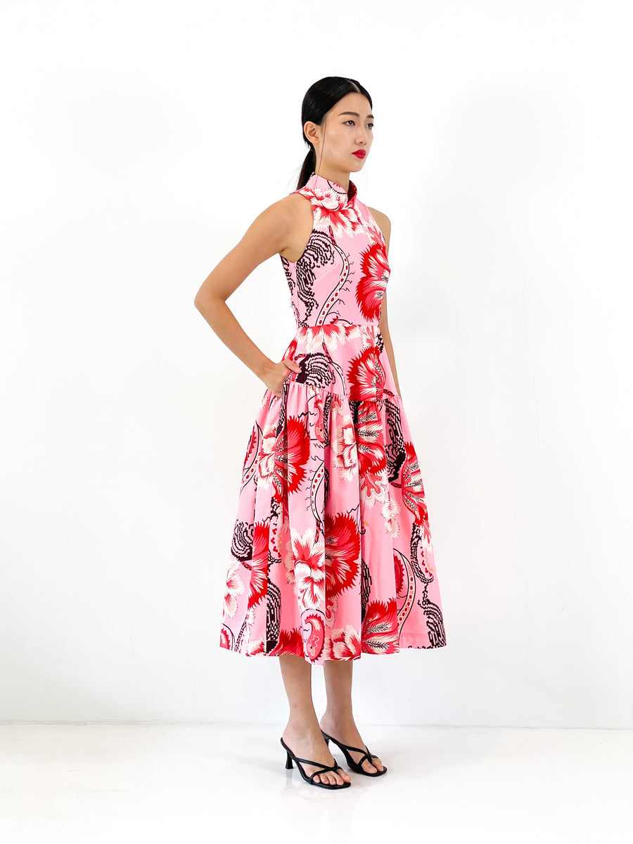 Racer Neck Qipao Midi Dress  | Pink Floral