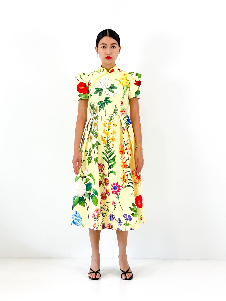 Puff Sleeve Qipao Midi Dress  | Yellow Floral