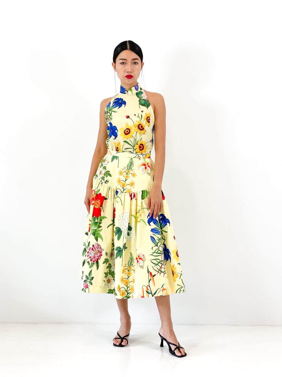High Waist Gathered Flare Midi Skirt | Yellow Floral