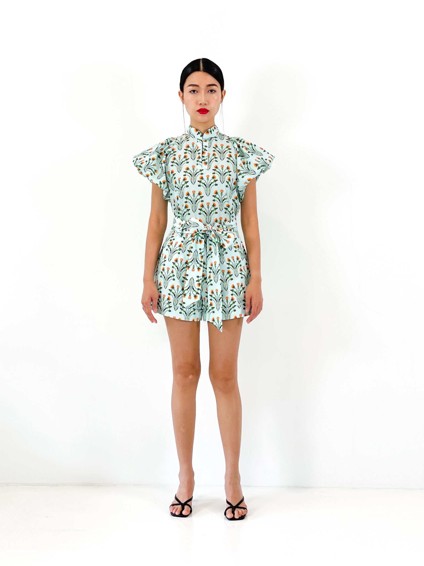 Belted Bow Shorts Green Floral Maarimaia