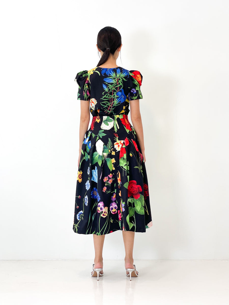 High Waist Side Pleated Midi Skirt | Black Floral