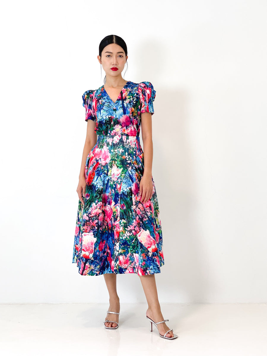 High Waist Side Pleated Midi Skirt | Multi Floral Abstract