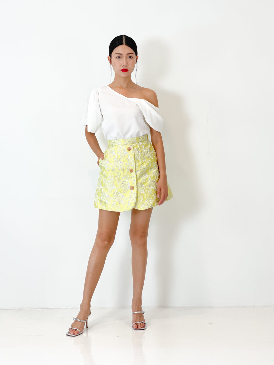 Brocade Button Mini Skirt | Yellow Silver