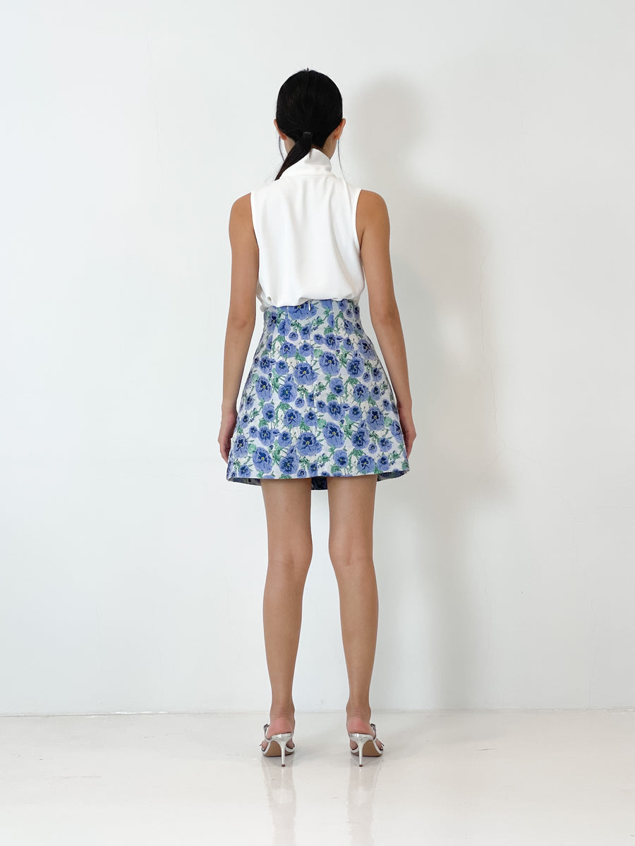 Brocade High Waisted Mini Skirt | Blue Floral