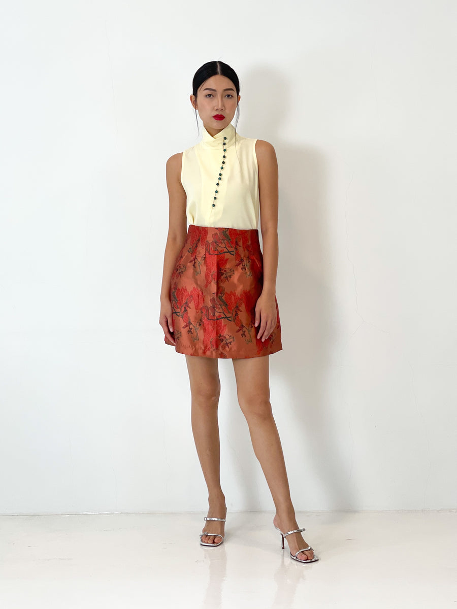 Brocade High Waisted Mini Skirt | Rust Red Chinoiserie