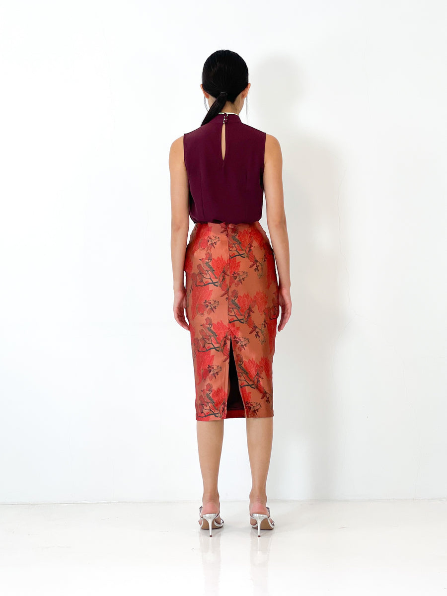 Brocade Pencil Skirt | Rust Red Chinoiserie