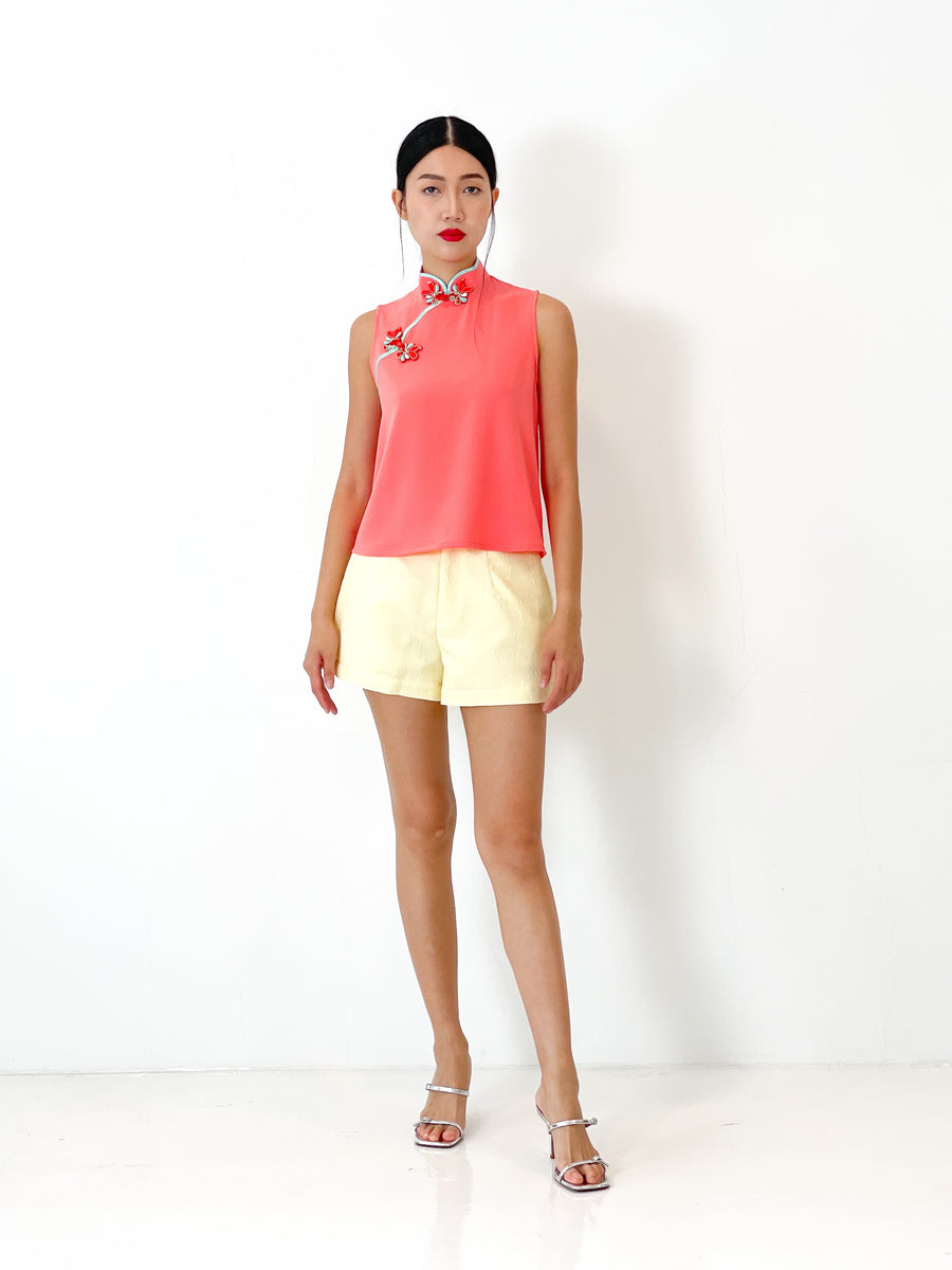 Contrast Sleeveless Button Qipao Top | Coral