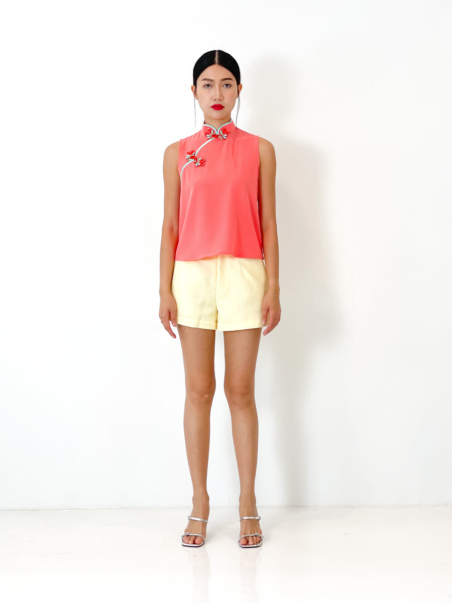 Contrast Sleeveless Button Qipao Top | Coral