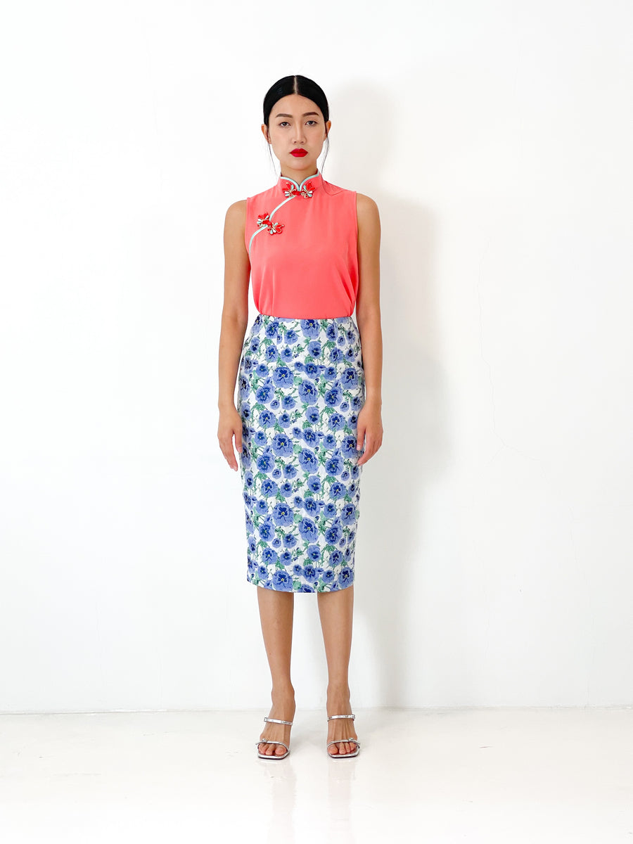Brocade Pencil Skirt | Blue Floral