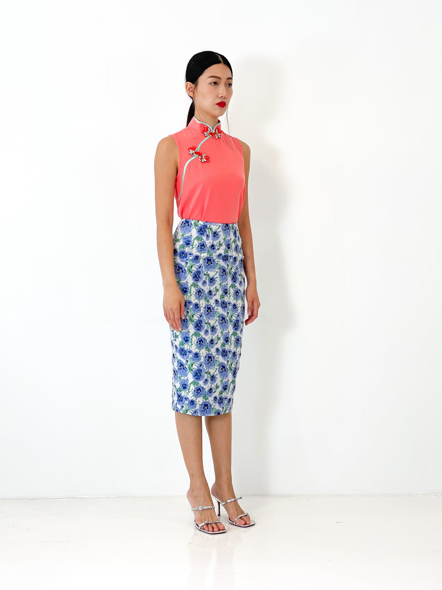 Brocade Pencil Skirt | Blue Floral