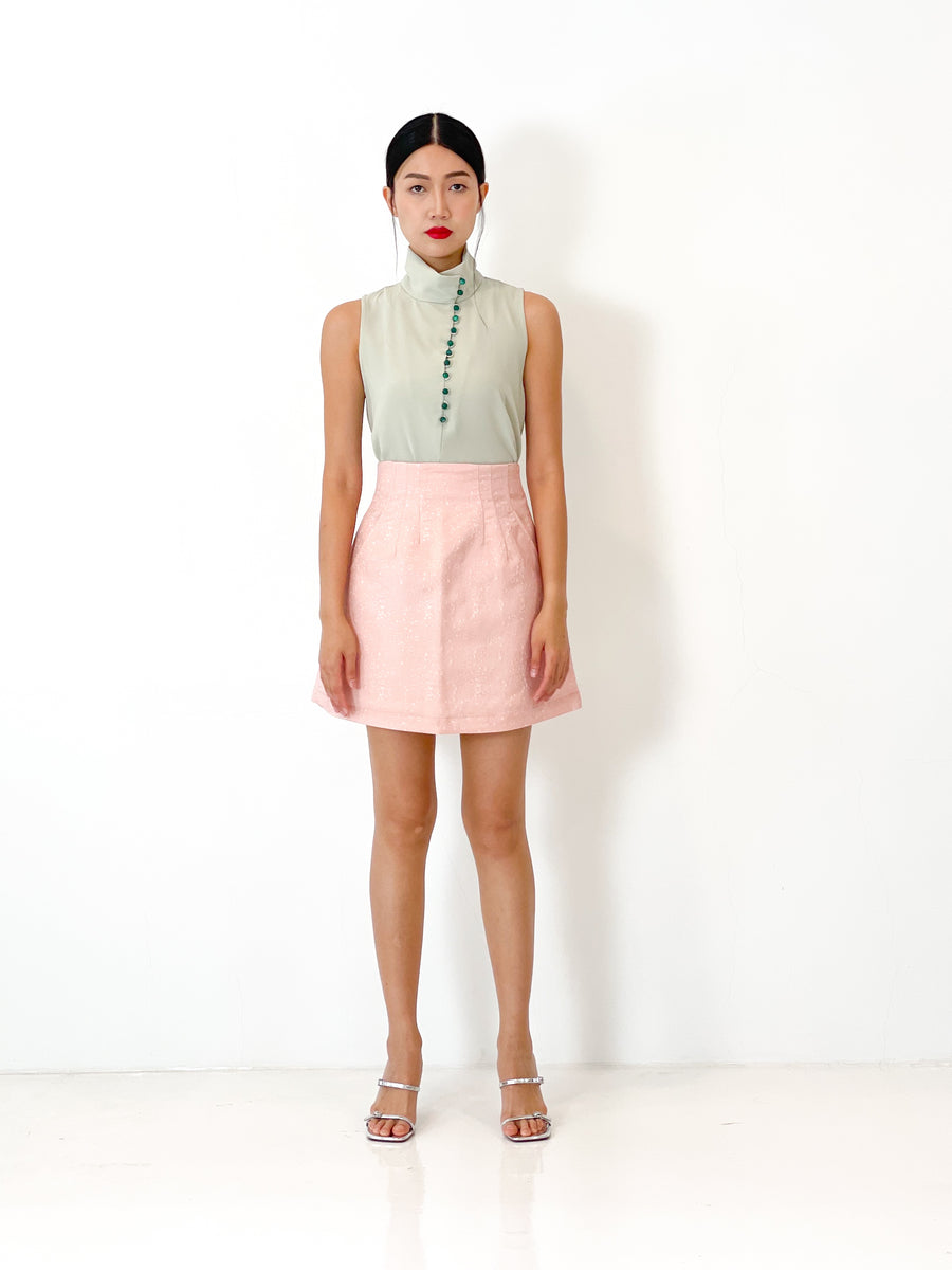 Brocade High Waisted Mini Skirt | Pink Shimmer