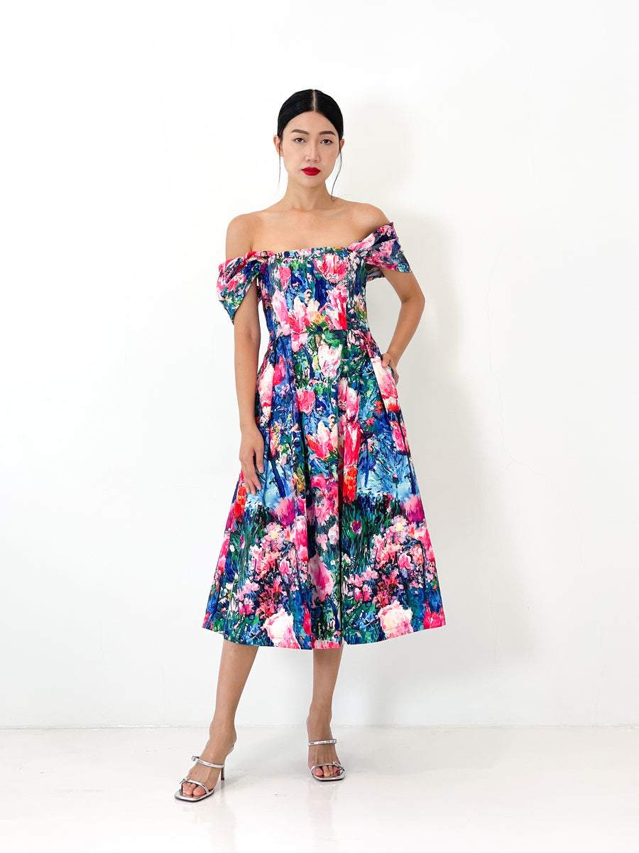 Off Shoulder Flare Midi Dress | Multi Floral Abstract