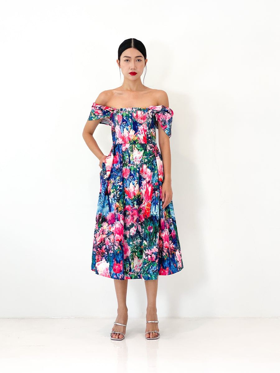 Off Shoulder Flare Midi Dress | Multi Floral Abstract