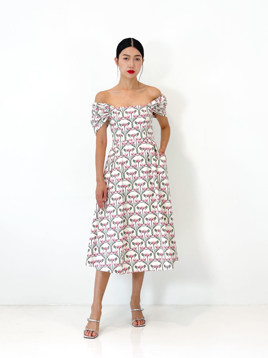 Off Shoulder Flare Midi Dress | White Pink Floral