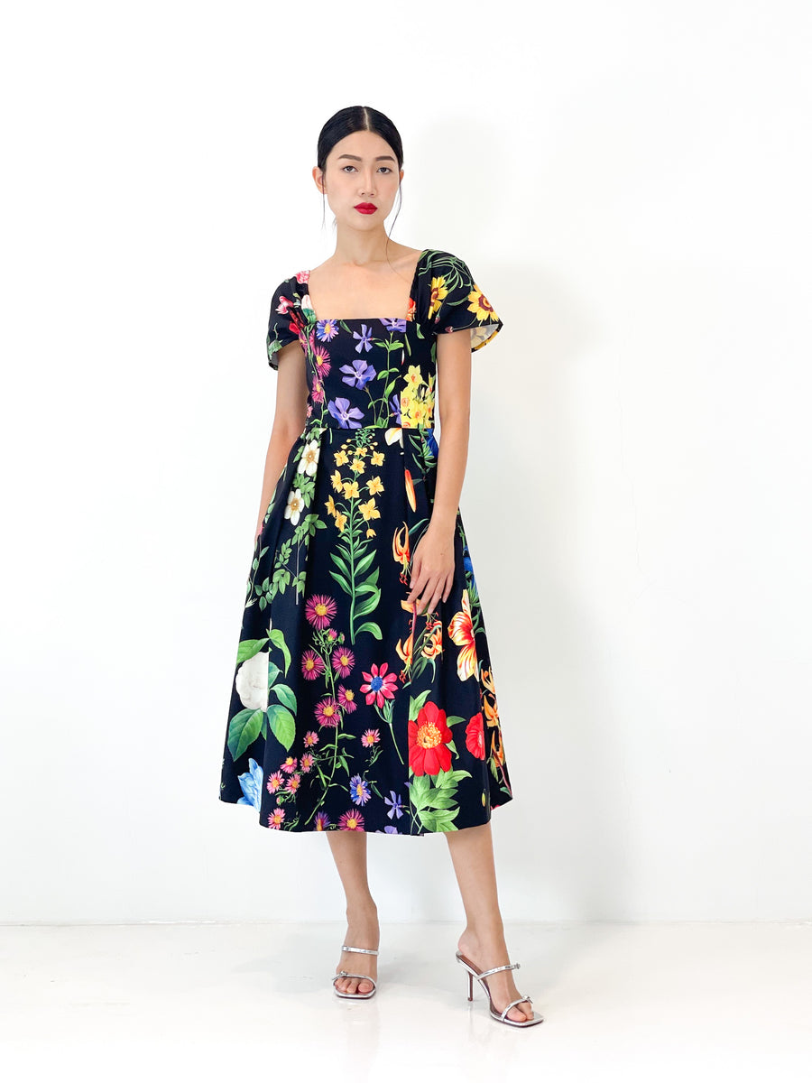 Off Shoulder Flare Midi Dress | Black Floral