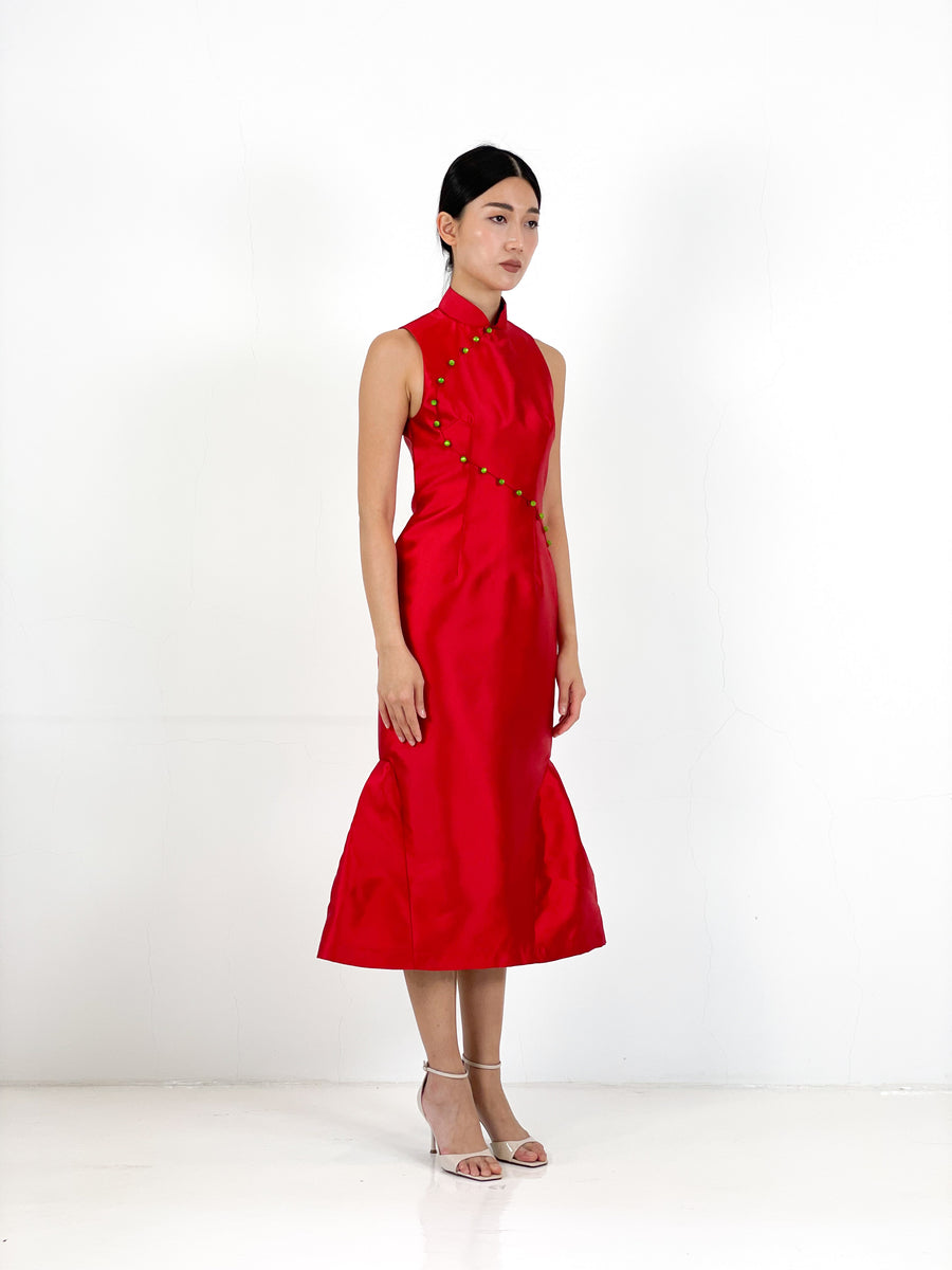 Brocade Mermaid Midi Qipao | Red