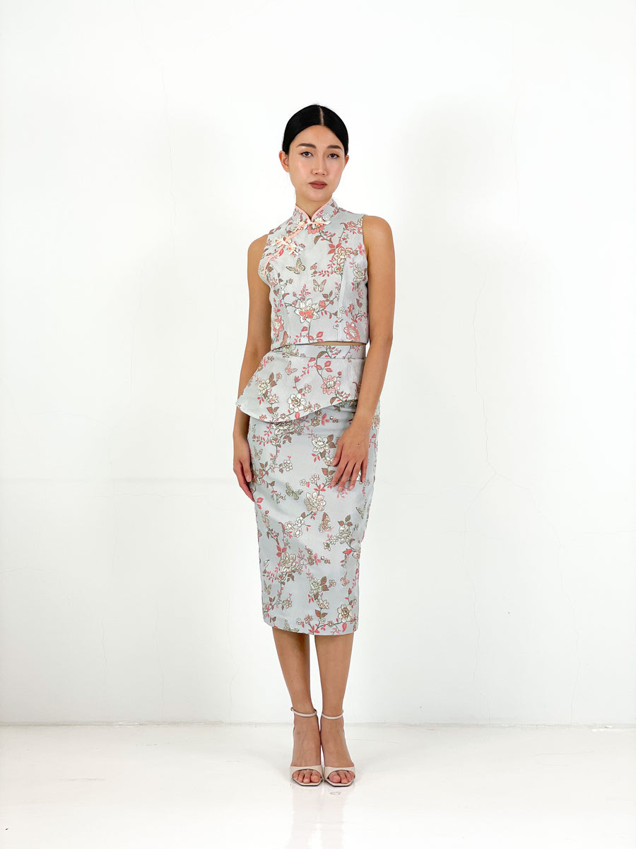 Brocade Peplum Pencil Skirt | Silver Chinoiserie