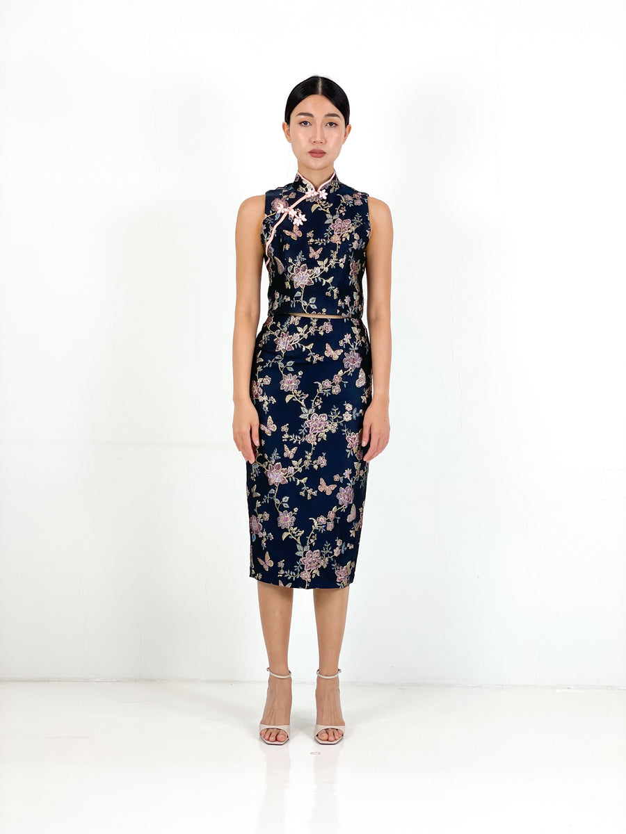 Brocade Pencil Skirt | Navy  Chinoiserie