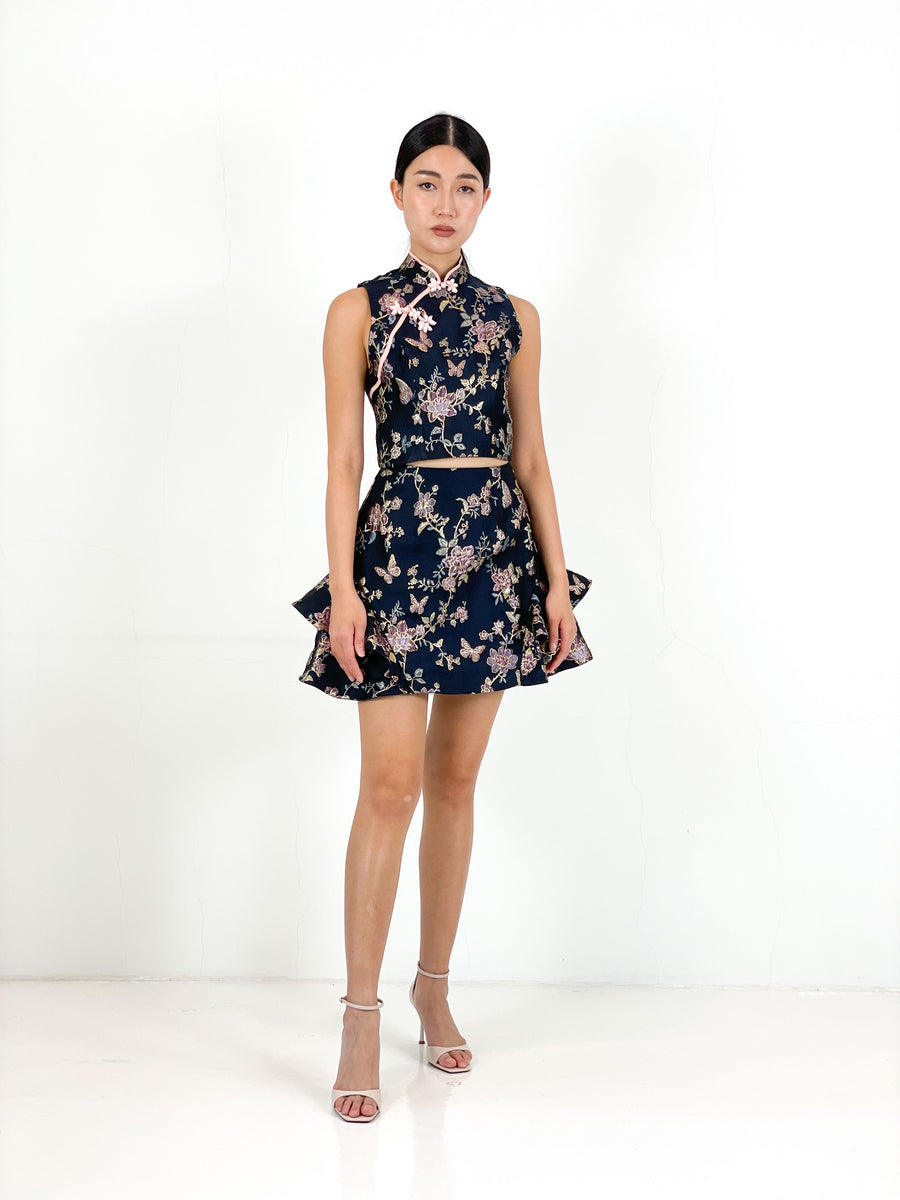 Brocade Qipao Crop Top | Navy