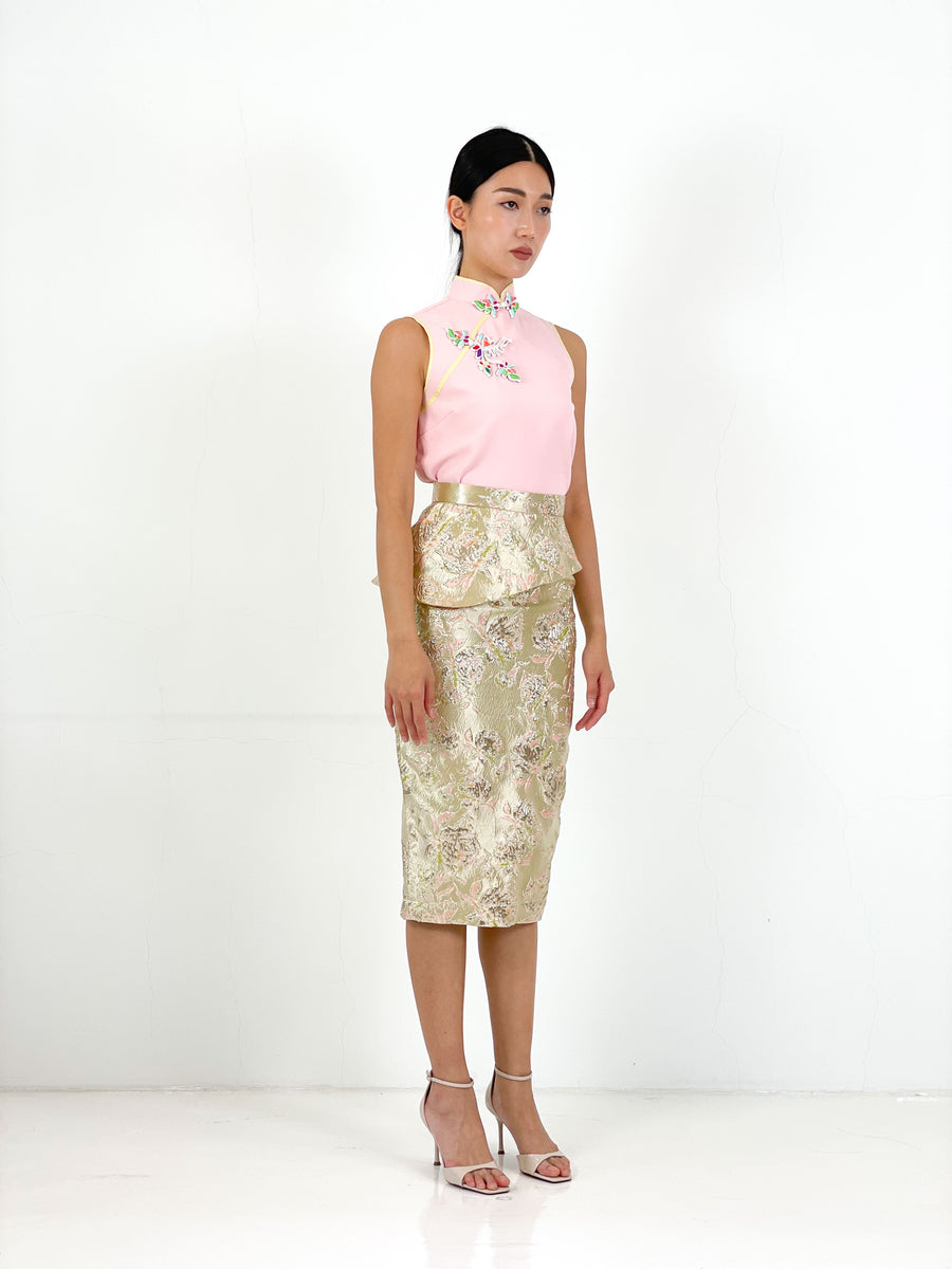 Brocade Peplum Pencil Skirt | Mint Pink