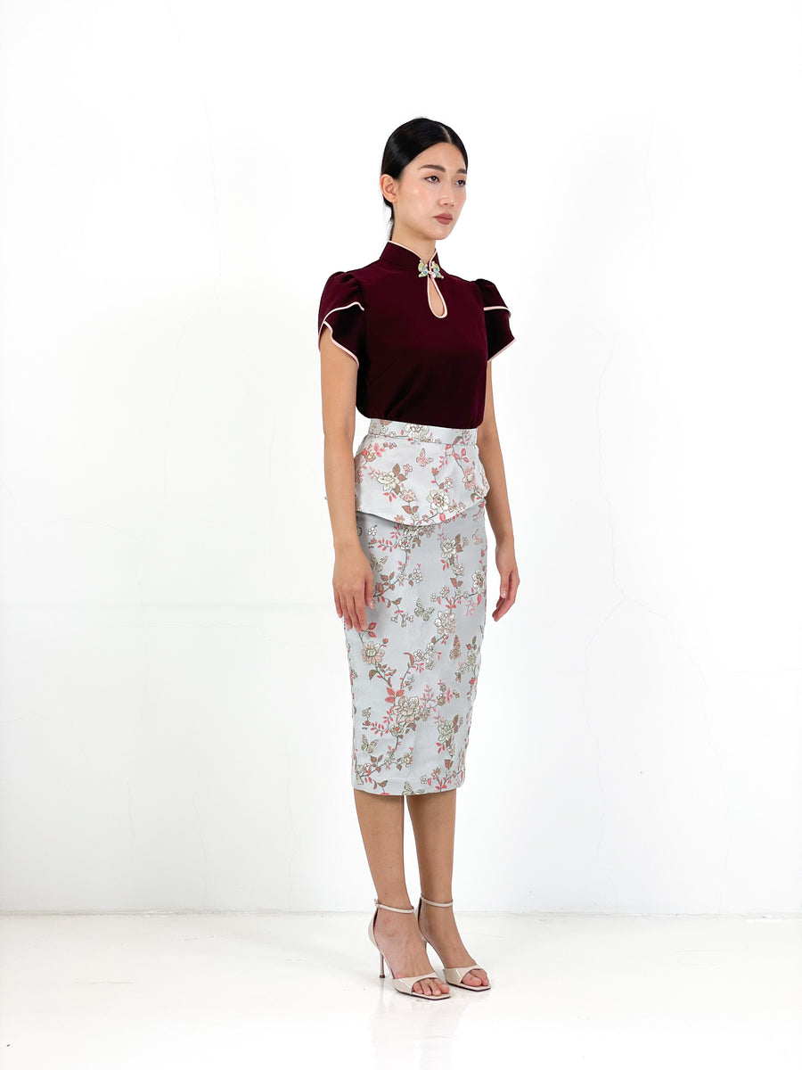 Brocade Peplum Pencil Skirt | Blue Floral