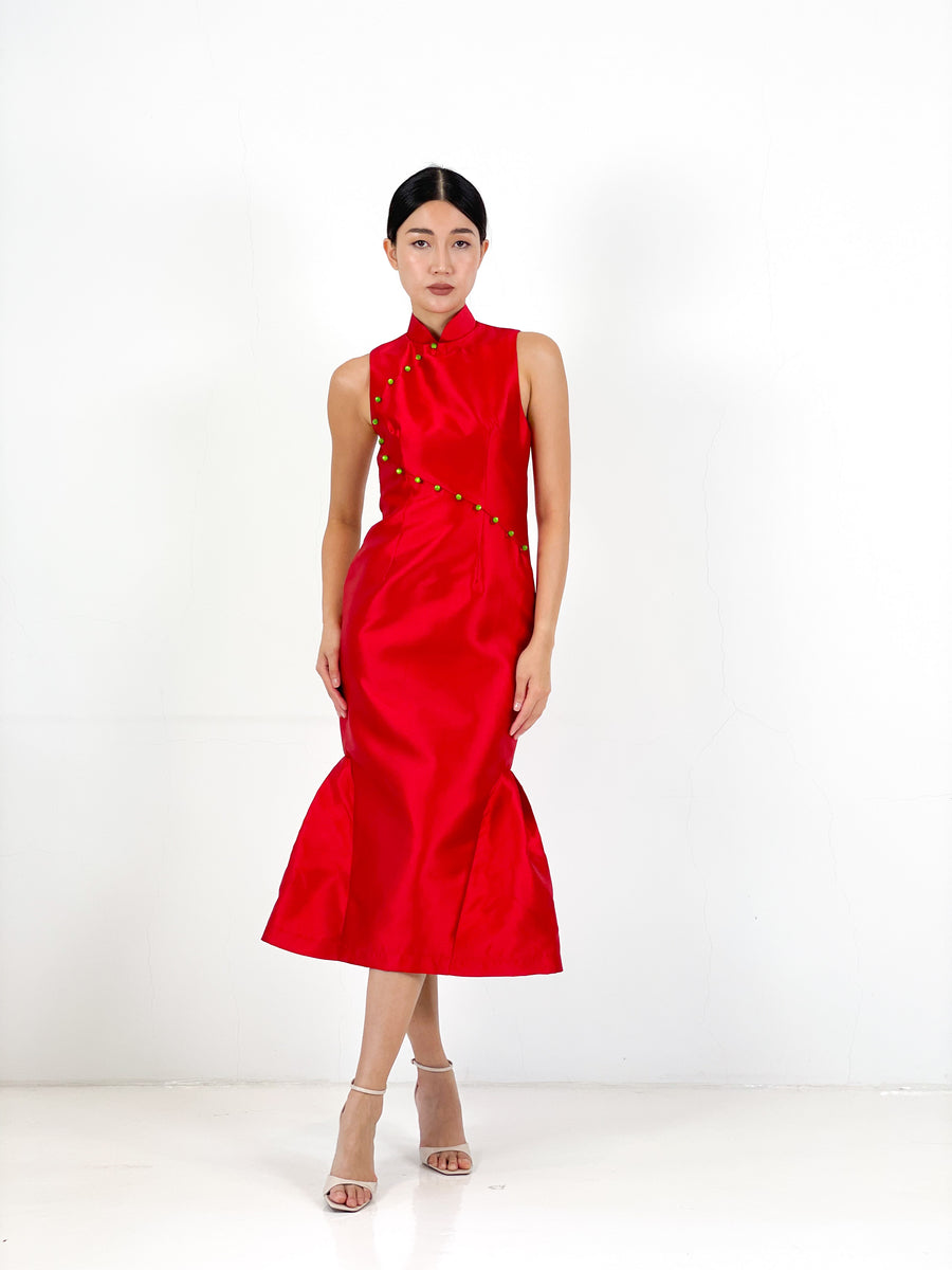 Brocade Mermaid Midi Qipao | Red