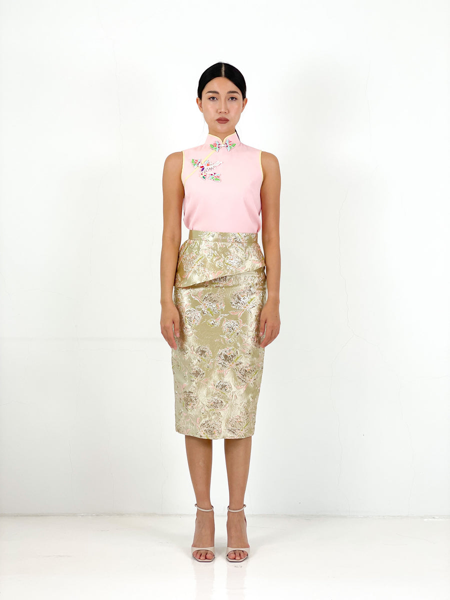 Brocade Peplum Pencil Skirt | Mint Pink