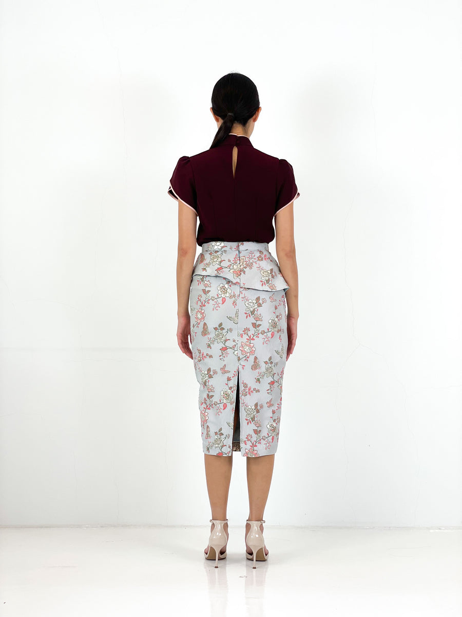 Contrast Tulip Sleeve Keyhole Qipao Top | Maroon