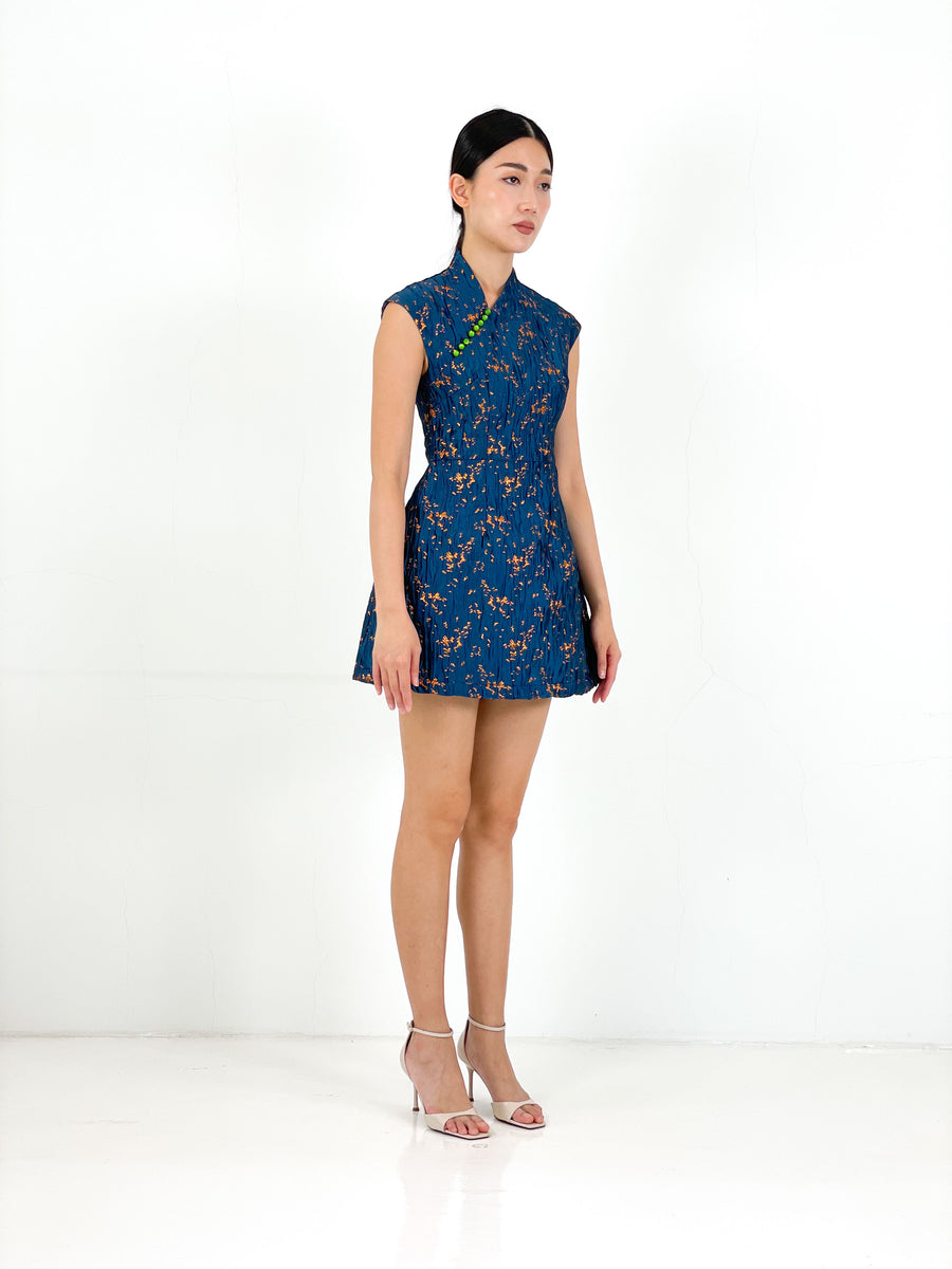 Brocade Jade Button Minimalist MiniQipao | Navy