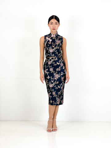 Brocade Pencil Skirt | Navy  Chinoiserie