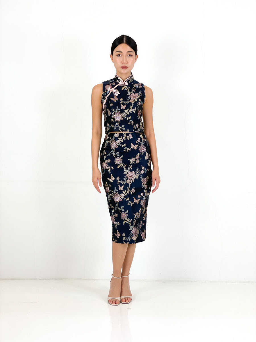 Brocade Qipao Crop Top | Navy